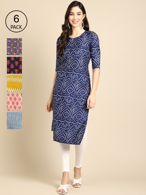 

1 Stop Fashion Pack of 6 Women Printed Straight Crepe Kurta, Multi