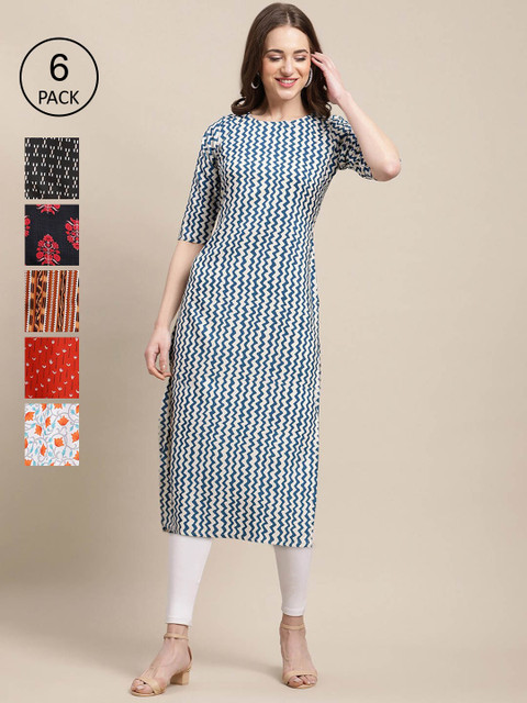 

1 Stop Fashion PACK OF 6 Women Ethnic Motifs Printed Summer Sheers Crepe Kurta, Red