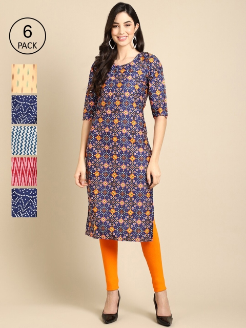 

1 Stop Fashion PACK OF 6 Women Ethnic Motifs Printed Summer Sheers Crepe Kurta, Red