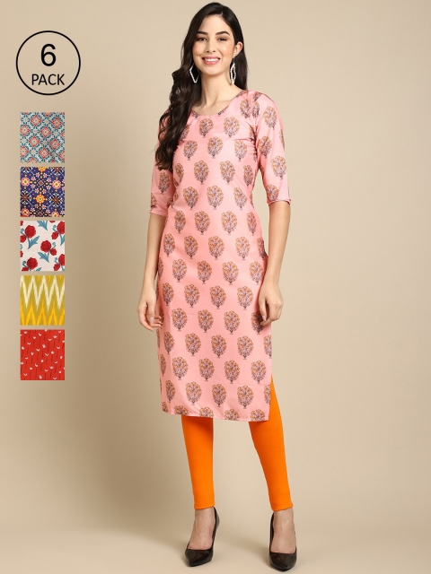 

1 Stop Fashion Women Pack Of 6 Pink & Red Printed Crepe Kurta