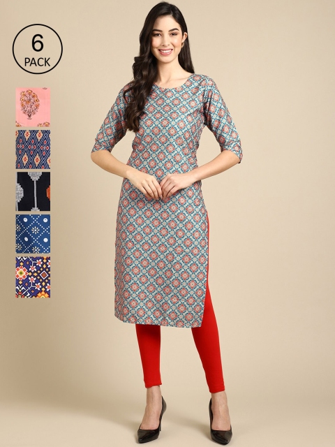 

1 Stop Fashion Women Pack Of 6 Blue & Pink Printed Crepe Kurta