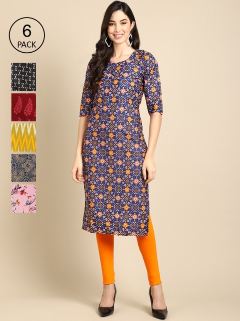 

1 Stop Fashion Women Pack Of 6 Printed Crepe Kurta, Multi