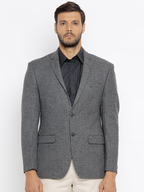 

Park Avenue Grey Single-Breasted Houndstooth Woven Slim Fit Formal Blazer
