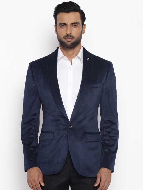 

Park Avenue Navy Patterned Single-Breasted Slim Fit Blazer, Navy blue