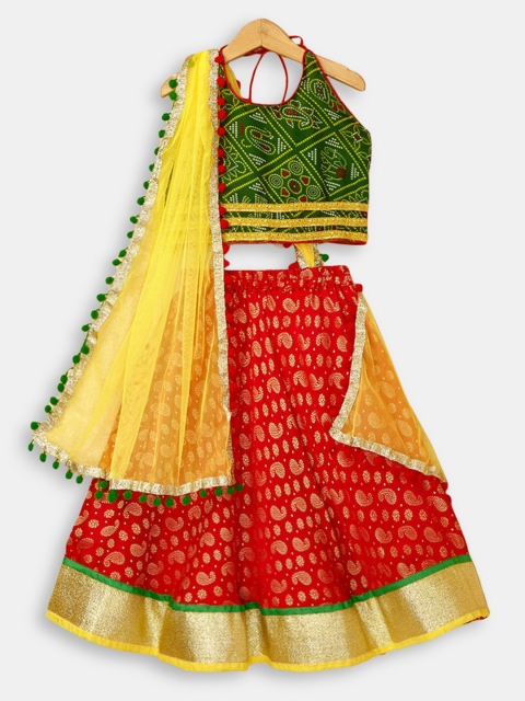 

Hopscotch Girls Green & Red Printed Lehenga & Blouse With Dupatta