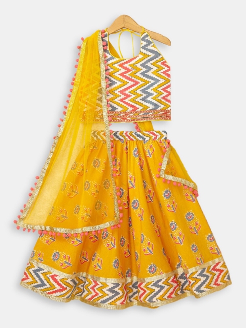 

Hopscotch Girls Yellow & Blue Printed Lehenga & Blouse With Dupatta