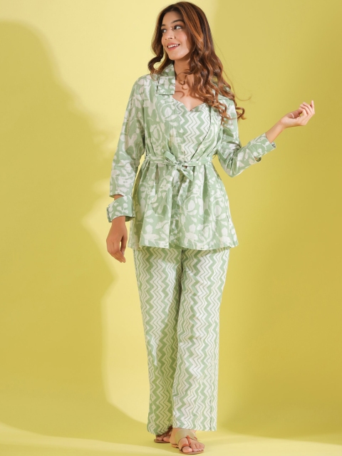 

JISORA Women Green & White Printed Night suit