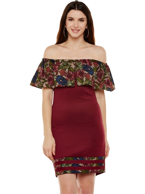 

Athena Women Maroon Printed Off-Shoulder Sheath Dress