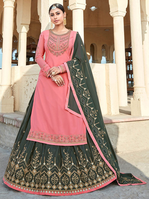 

Shaily Women Pink & Green Embroidered Silk Georgette Unstitched Dress Material