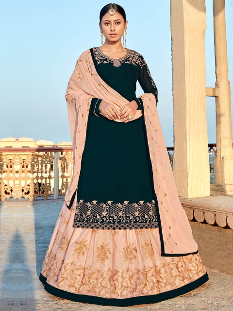 

Shaily Navy Blue & Peach-Coloured Embroidered Silk Georgette Unstitched Dress Material