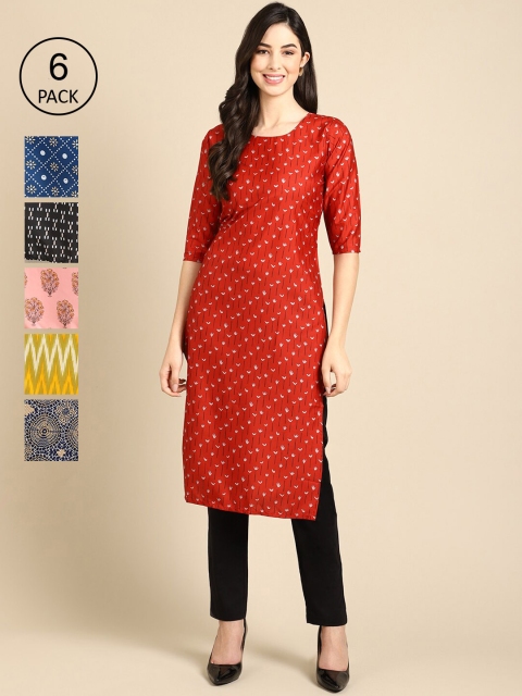 

KALINI Women Pack Of 6 Printed Crepe Kurta, Multi