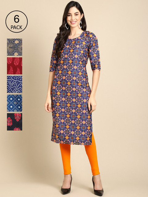 

KALINI Women Pack Of 6 Printed Crepe Kurta, Multi