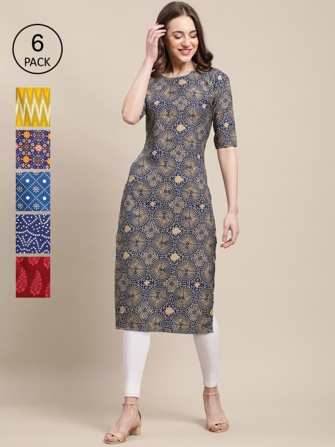 KALINI Women Pack of 6 Geometric Printed Summer Sheers Crepe Kurta, Grey
