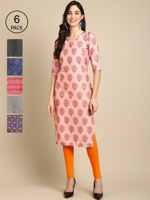 

KALINI Women Pack of 6 Geometric Printed Summer Sheers Crepe Kurtas, Peach