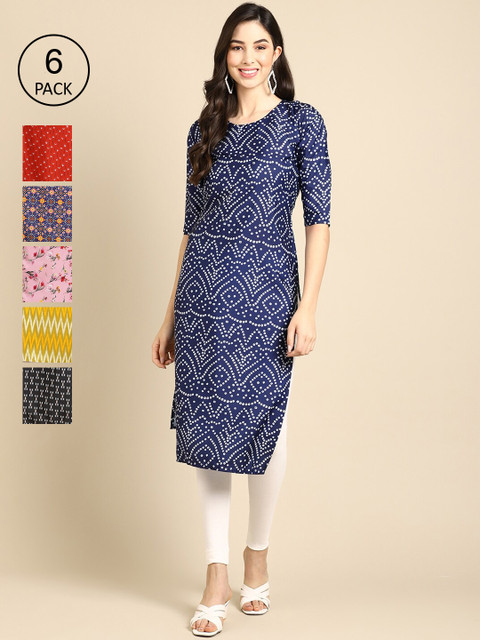 

KALINI Women Pack of 6 Geometric Printed Summer Sheers Crepe Kurta, Red