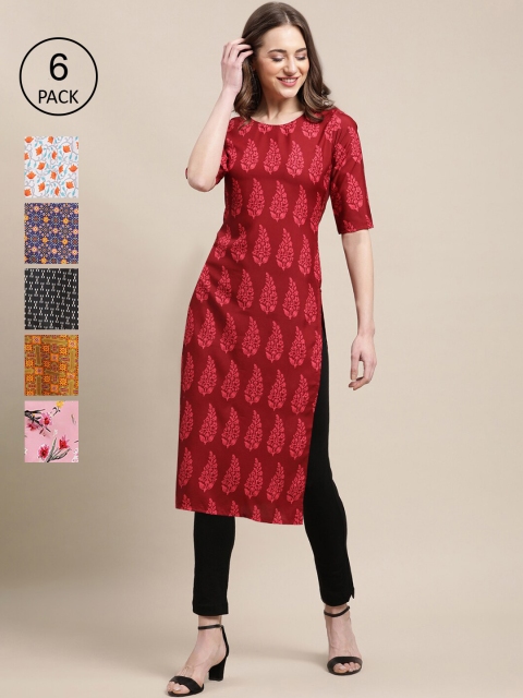 

KALINI Women Multicoloured Pack Of 6 Geometric Printed Crepe Kurta, Multi