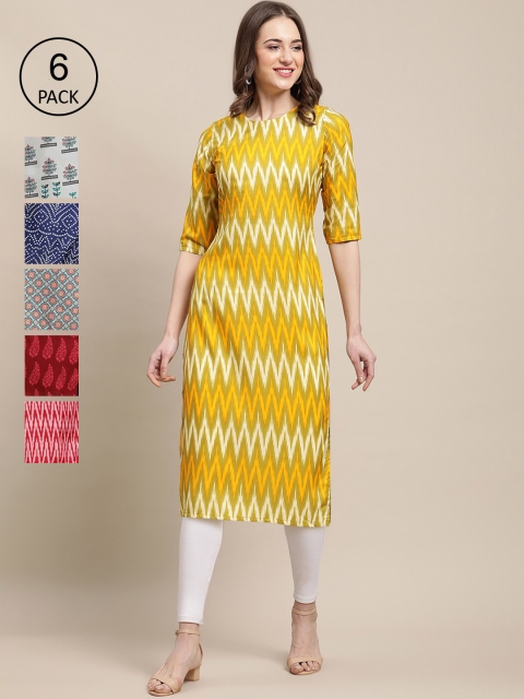 

KALINI Women Geometric printed Crepe Kurta Pack of 6, Yellow