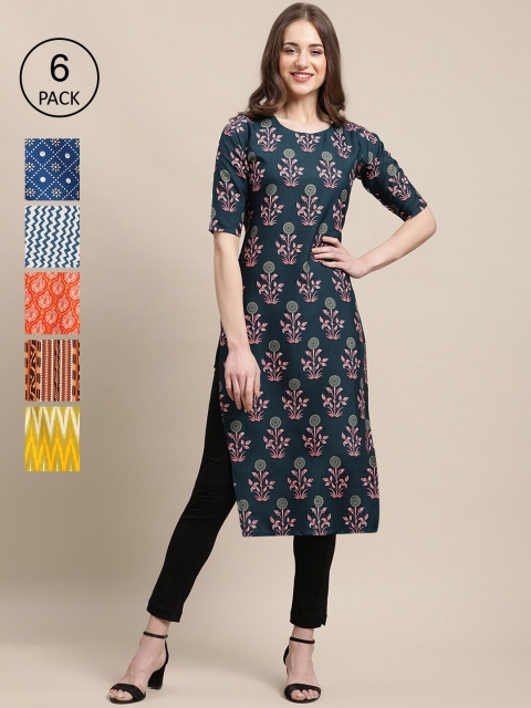 

KALINI Women Pack of 6 Floral Printed Crepe Kurta, Multi