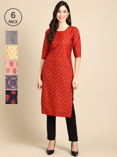 

KALINI Women Pack of 6 Floral Printed Crepe Kurta, Multi