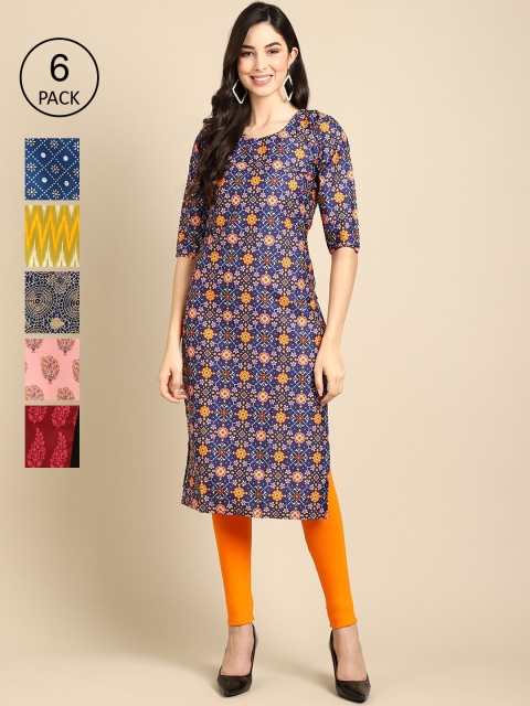 

KALINI Women Pack of 6 Geometric Printed Crepe Kurta, Multi