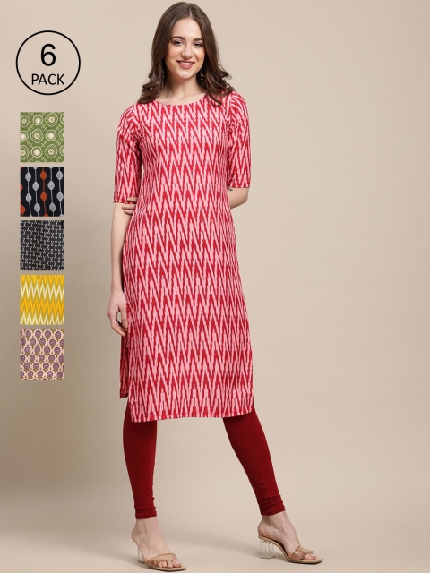 

KALINI Pack Of 6 Women Printed Straight Crepe Kurta, Black
