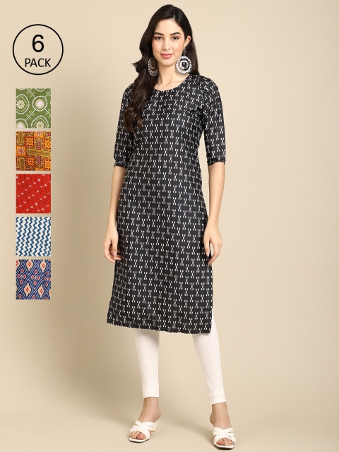 

KALINI Pack Of 6 Women Printed Straight Crepe Kurta, Navy blue
