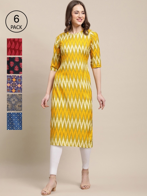 

KALINI Women Pack Of 6 Ethnic Motifs Crepe Kurta, Yellow