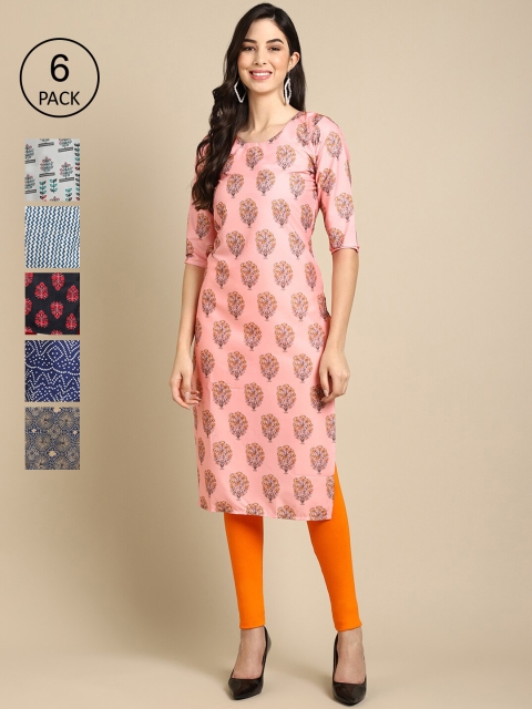 

KALINI Women Pack Of 6 Ethnic Motifs Printed Crepe Kurta, Pink