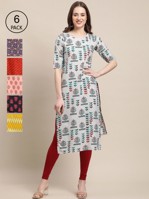 

KALINI Women Set Of 6 Geometric Printed Round Neck Summer Sheers Crepe Kurta, Multi