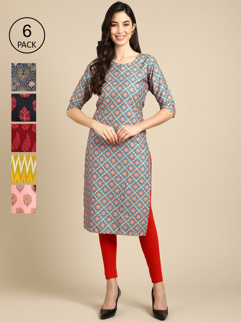 

KALINI Women Pack Of 6 Blue & Yellow Printed Crepe Kurta