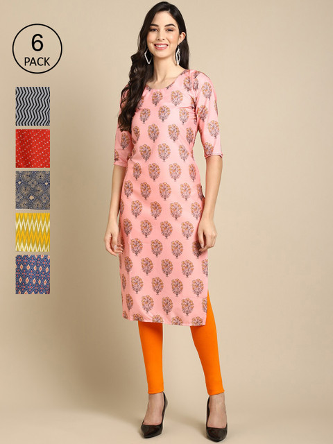 

KALINI Women Pack Of 6 Printed Crepe Kurta, Multi