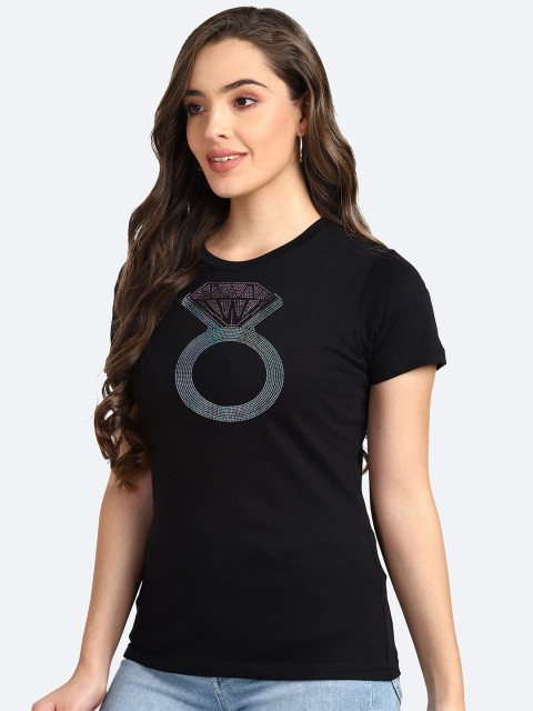

shashvi Women Black Typography Printed Drop-Shoulder Sleeves Applique T-shirt