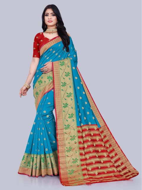 

KAITHY CREATION Blue & Red Floral Zari Art Silk Banarasi Saree