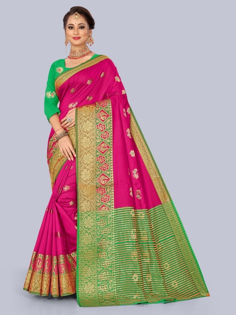 

KAITHY CREATION Pink & Green Floral Zari Art Silk Banarasi Saree