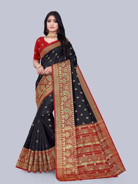 

KAITHY CREATION Black & Red Floral Zari Art Silk Banarasi Saree