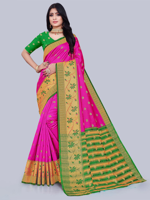 

KAITHY CREATION Pink & Green Floral Zari Art Silk Banarasi Saree