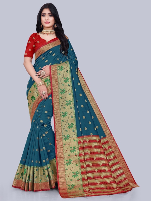 

KAITHY CREATION Blue & Red Floral Zari Art Silk Banarasi Saree