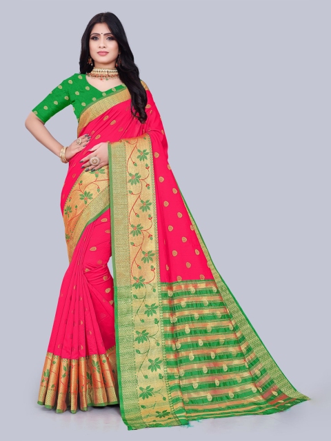 

KAITHY CREATION Pink & Green Floral Zari Art Silk Banarasi Saree