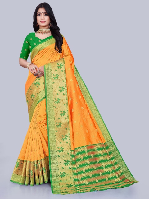 

KAITHY CREATION Mustard & Green Floral Zari Art Silk Banarasi Saree