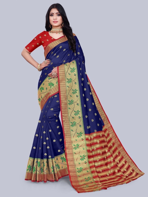 

KAITHY CREATION Navy Blue & Red Woven Design Zari Art Silk Banarasi Saree