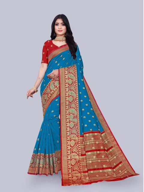 

KAITHY CREATION Blue & Red Ethnic Motifs Zari Art Silk Banarasi Saree