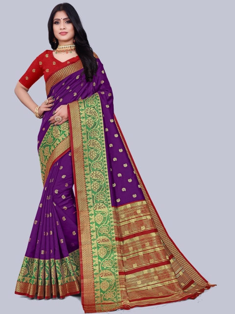 

KAITHY CREATION Purple & Green Floral Zari Art Silk Banarasi Saree