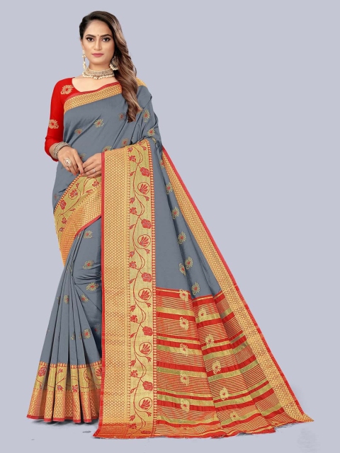 

KAITHY CREATION Grey & Red Ethnic Motifs Zari Art Silk Banarasi Saree