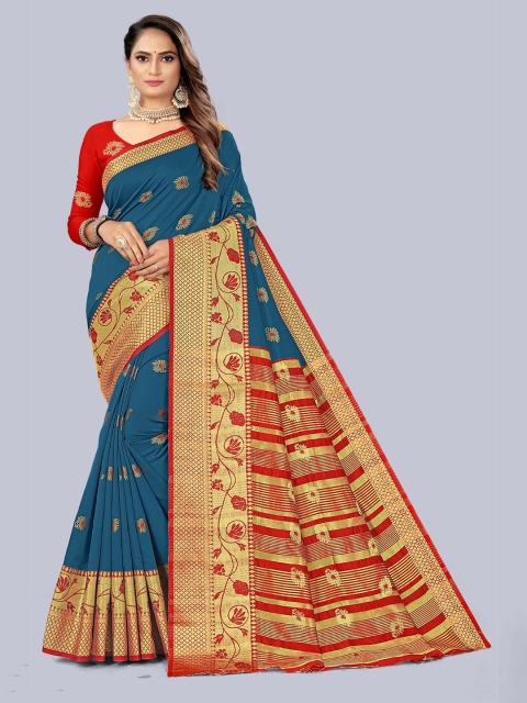 

KAITHY CREATION Blue & Red Woven Design Art Silk Banarasi Saree