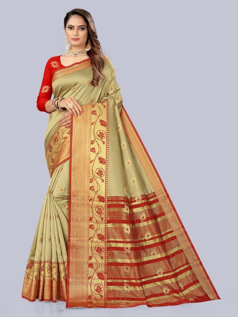 

KAITHY CREATION Cream-Coloured & Red Floral Zari Art Silk Banarasi Saree