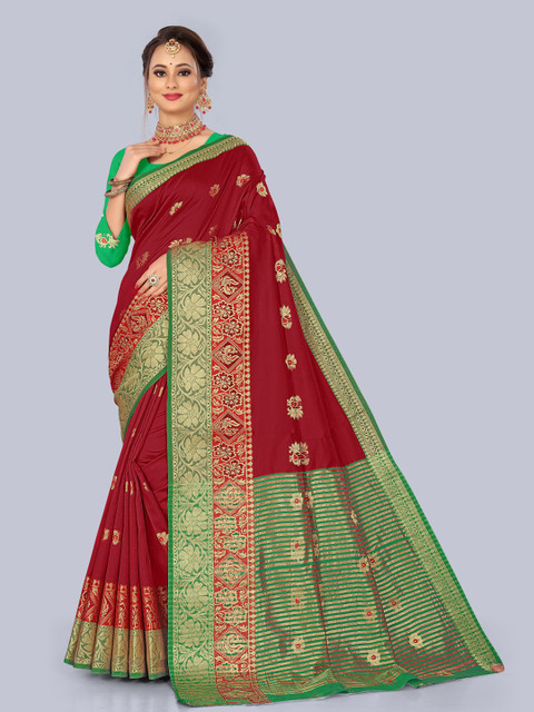 

KAITHY CREATION Maroon & Green Ethnic Motifs Zari Art Silk Banarasi Saree