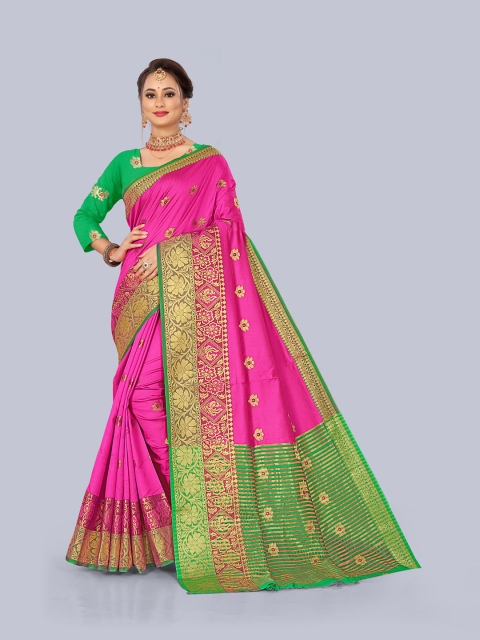 

KAITHY CREATION Pink & Green Warli Zari Art Silk Banarasi Saree