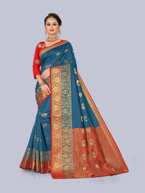 

KAITHY CREATION Blue & Red Floral Zari Art Silk Banarasi Saree