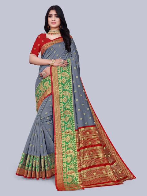 

KAITHY CREATION Grey & Green Woven Design Zari Art Silk Banarasi Saree