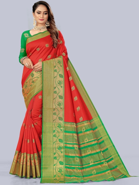 

KAITHY CREATION Red & Green Floral Zari Art Silk Banarasi Saree